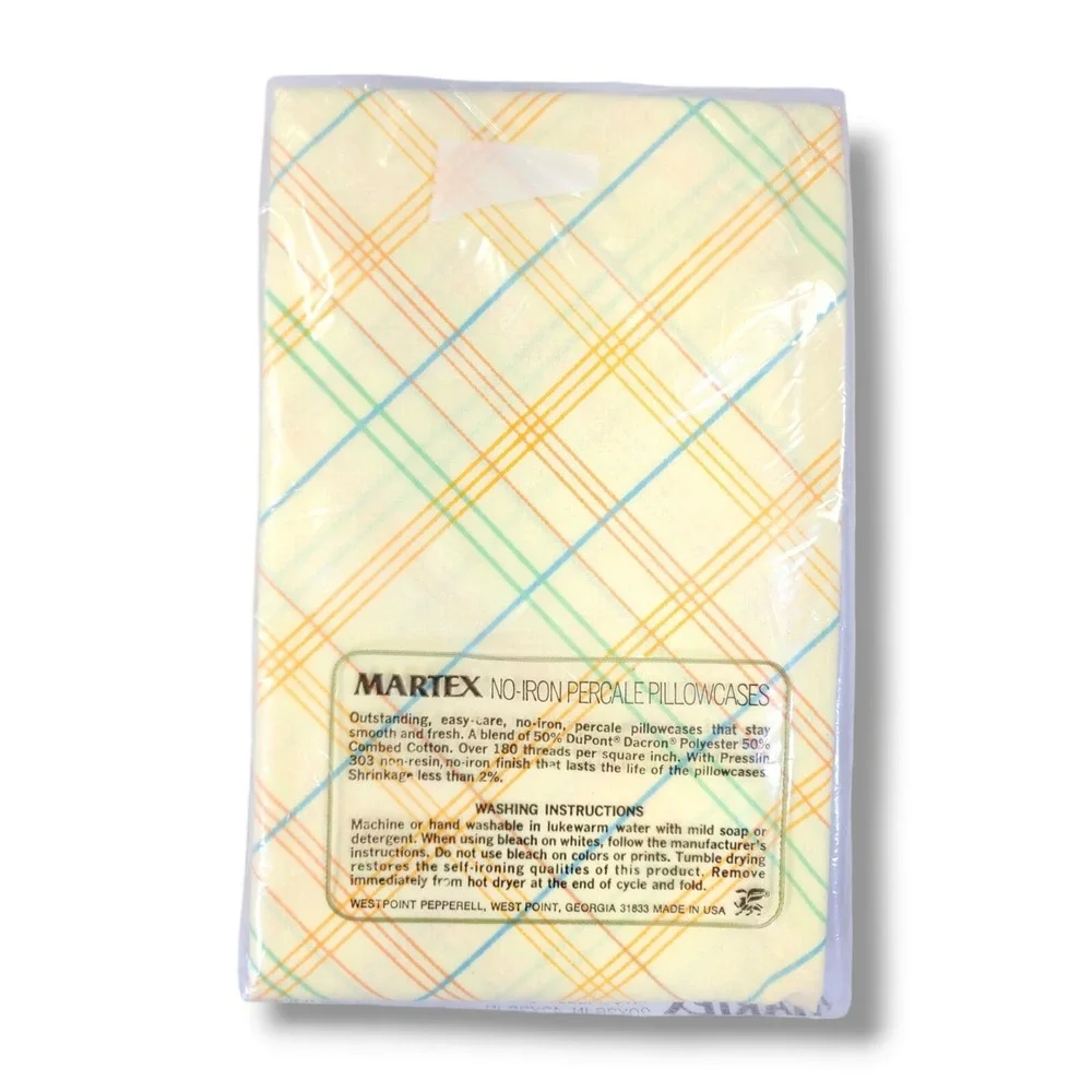 Vintage MARTEX Full Size No-Iron Percale 2-Flat Sheets 1-Pillowcase Yellow Plaid